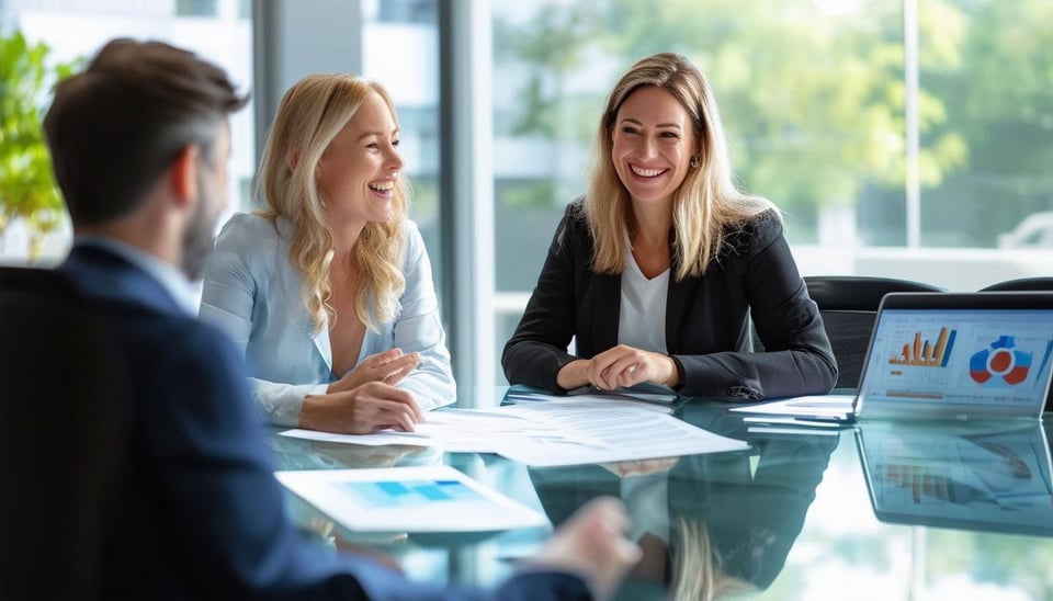 The image features a professional office setting with a modern conference room with a CPA and her client who looks very happy